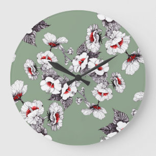 Sealess white-red flowers: green decor large clock