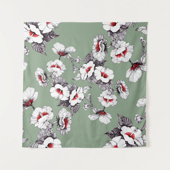 Sealess white-red flowers: green decor tapestry (Front)