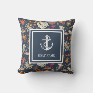 Sealife Navy Blue Nautical Anchor Boat Name Outdoor Pillow