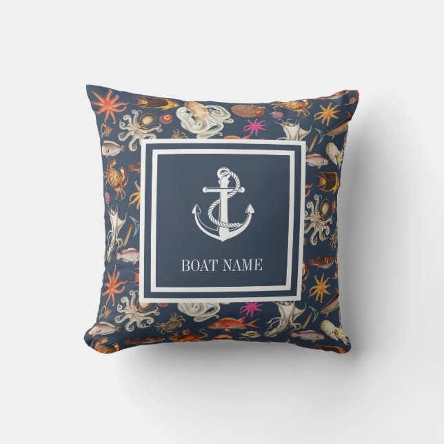 Sealife Navy Blue Nautical Anchor Boat Name Outdoor Pillow (Front)