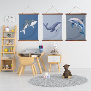 SeaLife Whale Dolphin Shark Nursery Art Watercolor Hanging Tapestry