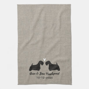 Sealyham Terrier Silhouettes with Heart and Text Kitchen Towel