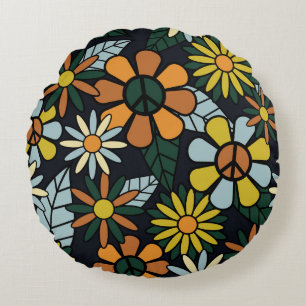 Seamless 70's retro hippie flowers pattern - Vinta Round Pillow