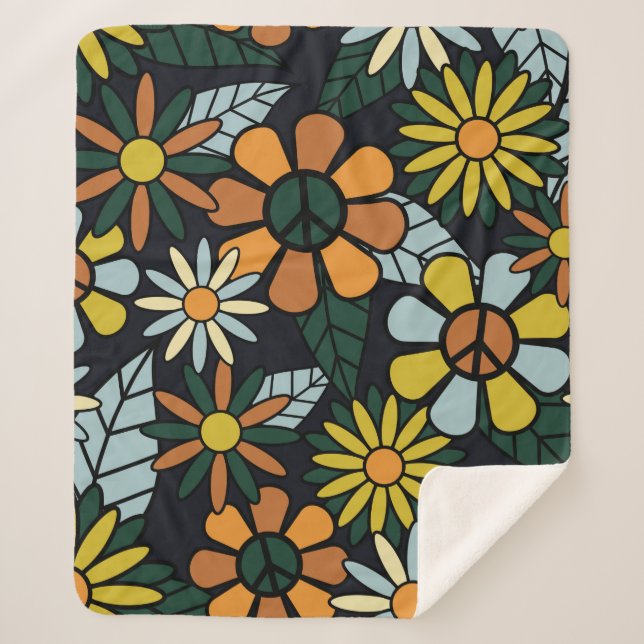 Seamless 70's retro hippie flowers pattern - Vinta Sherpa Blanket (Front)