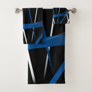 Seamless Abstract  Blue and White Lines On Black B Bath Towel Set