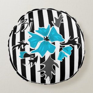 Seamless abstract blue flowers floral white black round pillow