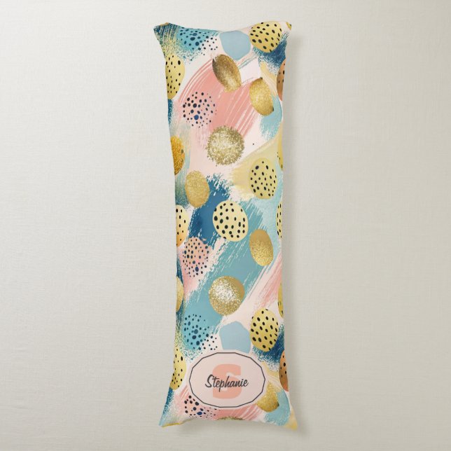 Seamless Abstract Brushstroke & Gold Shape Pattern Body Pillow (Front Vertical)