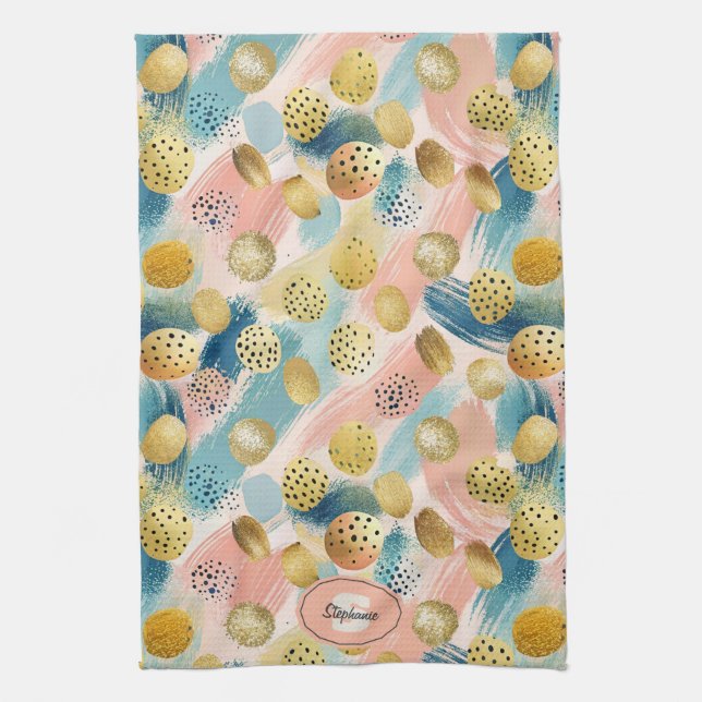 Seamless Abstract Brushstroke & Gold Shape Pattern Kitchen Towel (Vertical)