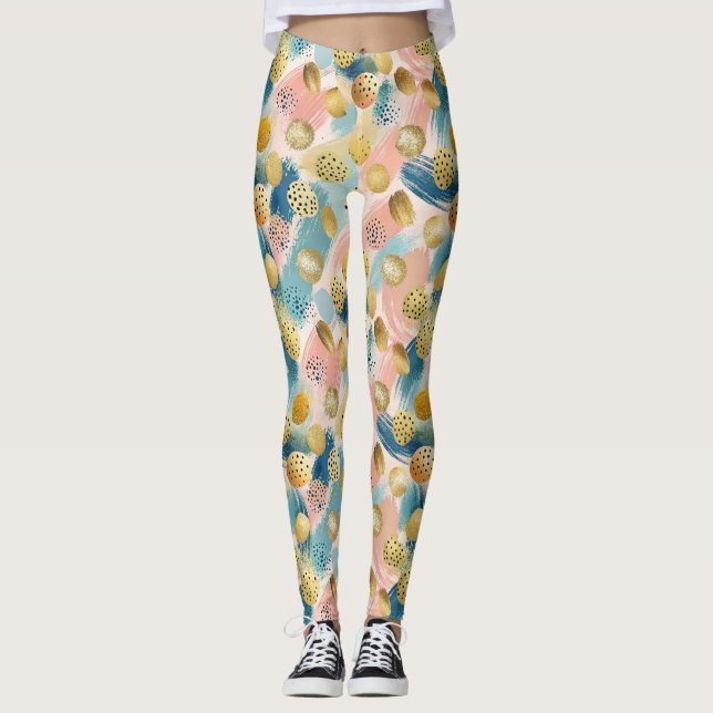 Seamless Abstract Brushstroke & Gold Shape Pattern Leggings (Front)