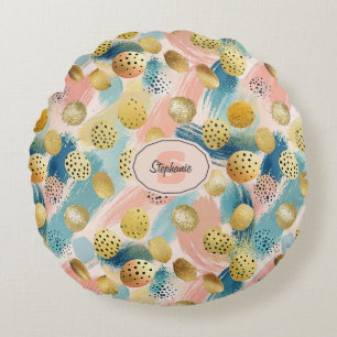 Seamless Abstract Brushstroke & Gold Shape Pattern Round Pillow