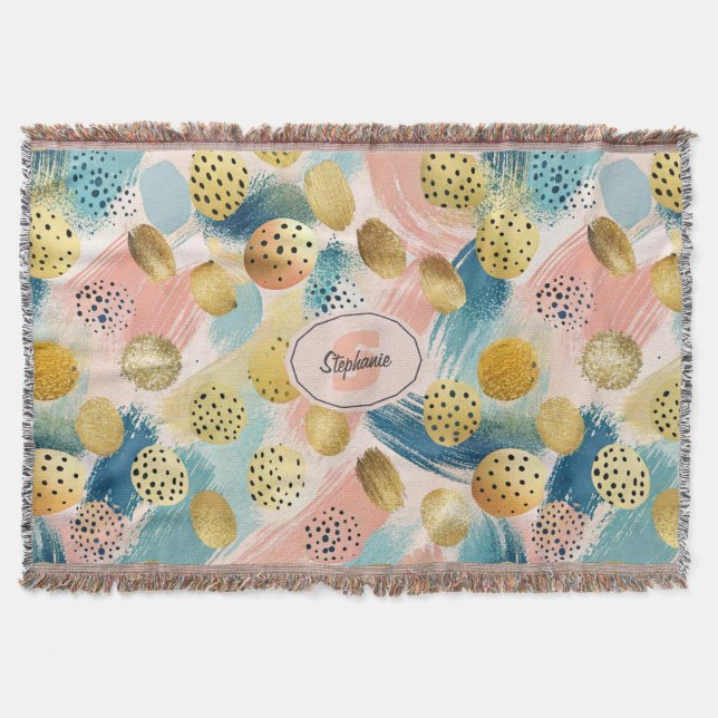 Seamless Abstract Brushstroke & Gold Shape Pattern Throw Blanket (Front)