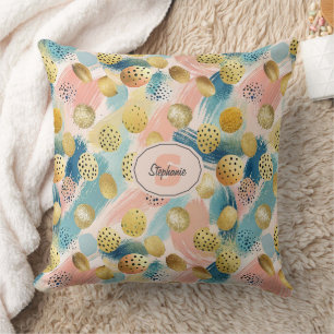 Seamless Abstract Brushstroke & Gold Shape Pattern Throw Pillow