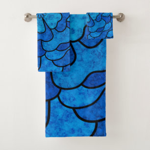 Seamless abstract floral flowers black blue colour bath towel set