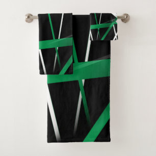 Seamless Abstract Green and White Lines On Black Bath Towel Set