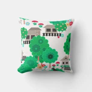 Seamless abstract kids cartoon houses dogs trees g throw pillow
