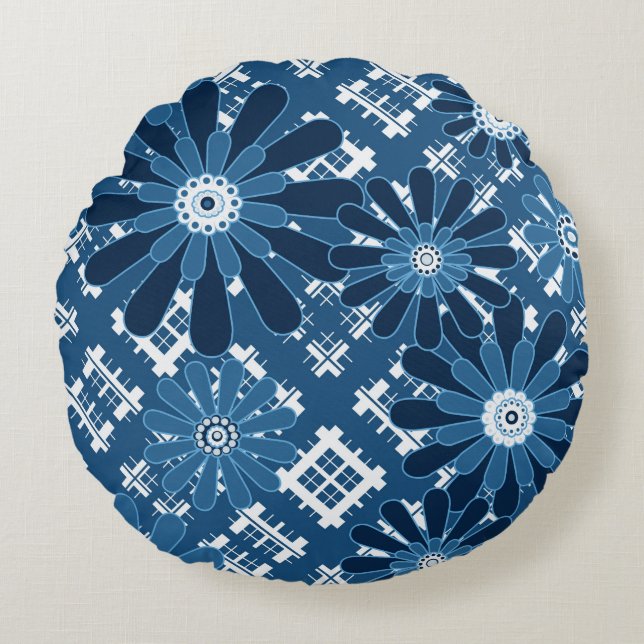 Seamless abstract modern chequered plaid floral bl round pillow (Front)