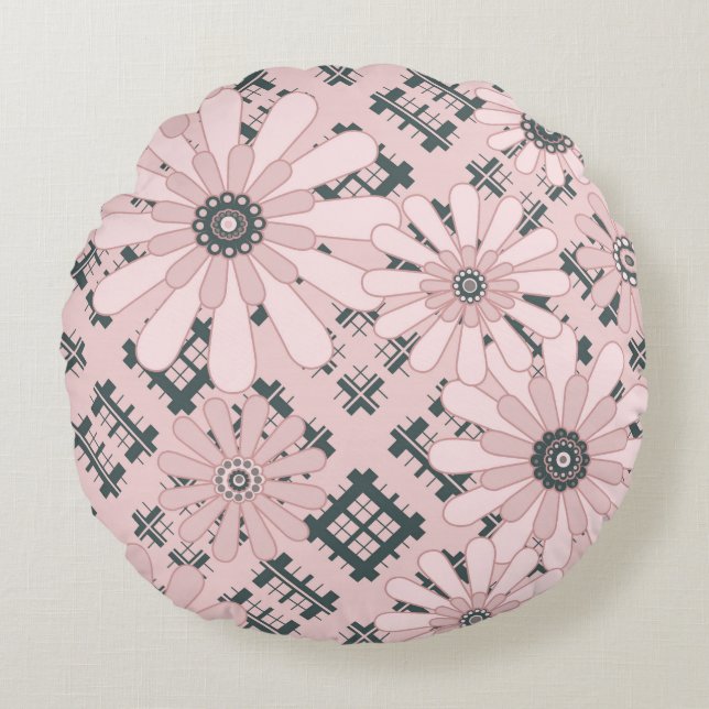 Seamless abstract modern chequered plaid floral pi round pillow (Front)