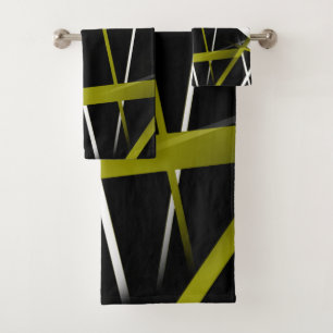 Seamless Abstract Olive  and White Lines On Black Bath Towel Set