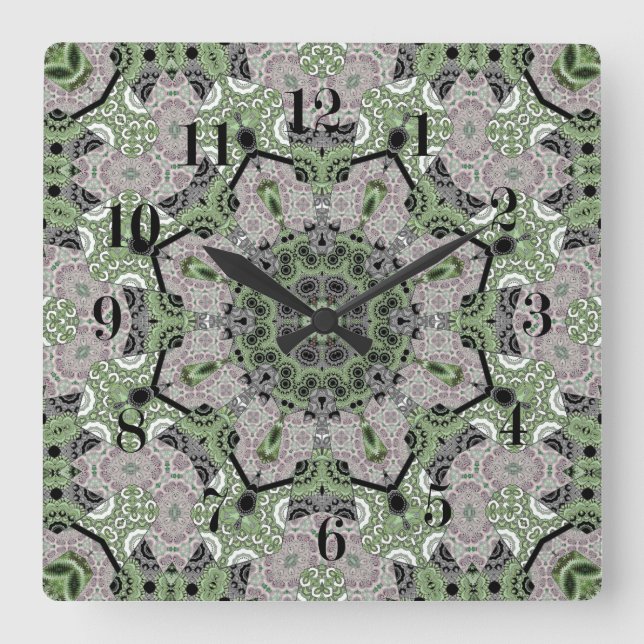Seamless abstract ornamental grey green black deco square wall clock (Front)