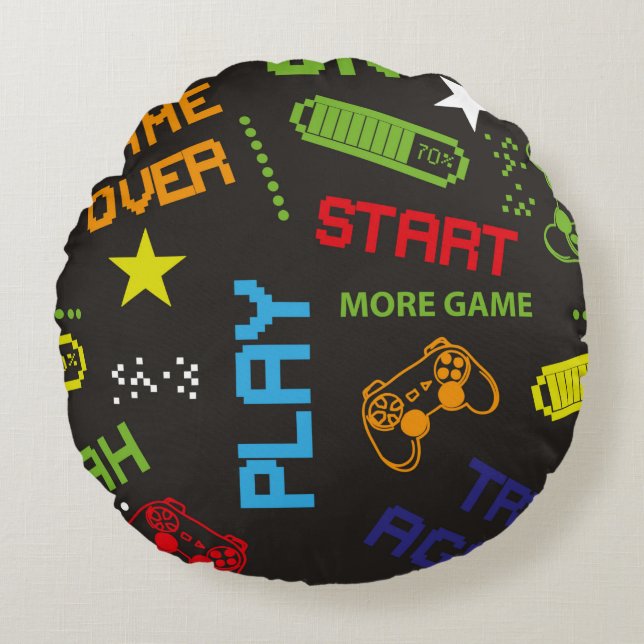 seamless abstract pattern in pixel game style. Wit Round Pillow (Front)