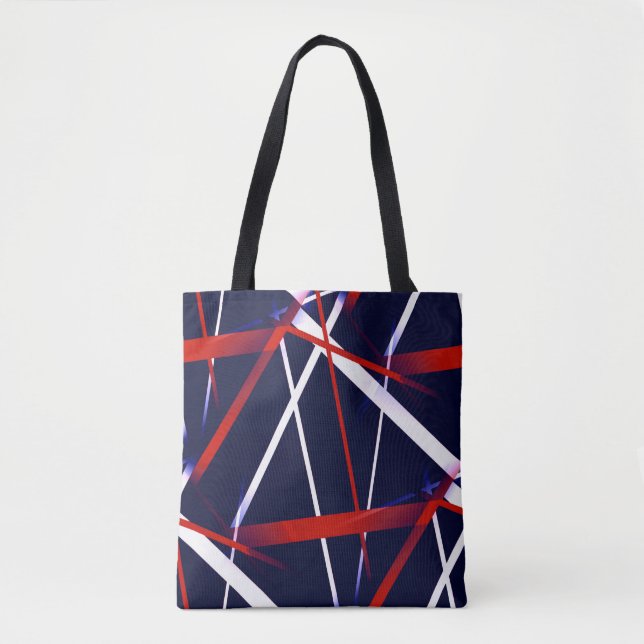 Seamless Abstract Red and White Stripes on A Blue Tote Bag (Front)