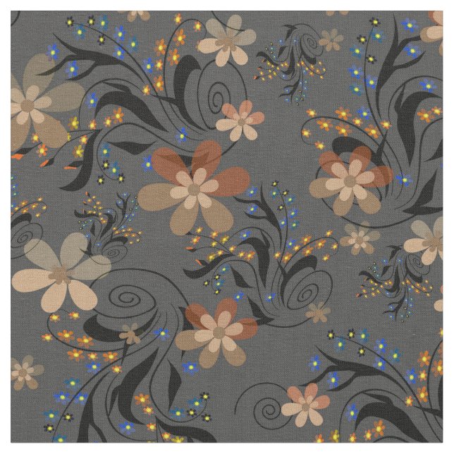 Seamless abstract retro beige flowers grey backgro fabric (Close Up)