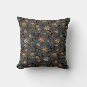 Seamless abstract retro beige flowers grey backgro throw pillow