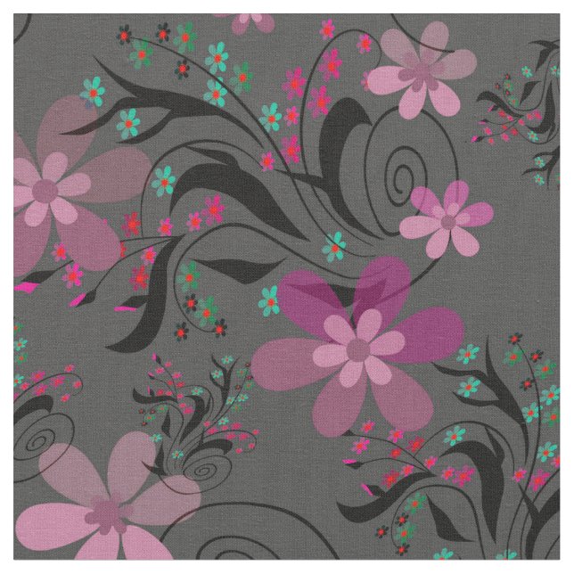 Seamless abstract retro violet flowers grey backgr fabric (Close Up)