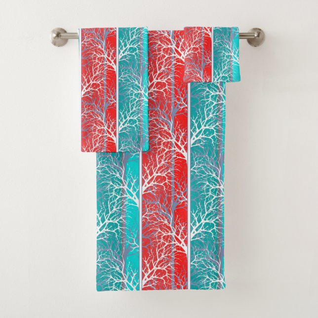 Seamless abstract trees branch blue coral red line bath towel set (Insitu)