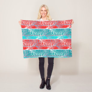 Seamless abstract trees branch blue coral red line fleece blanket