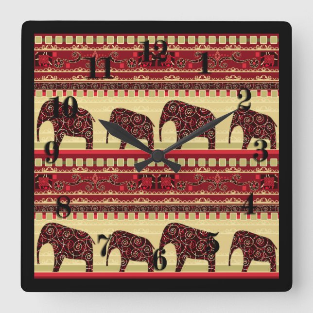 Seamless african ethno design elephants ornamental square wall clock (Front)