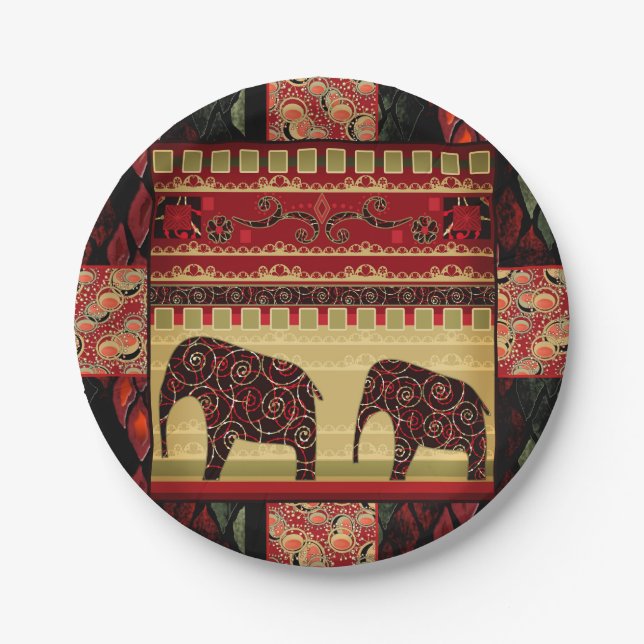 Seamless african patchwork ornamental indian eleph paper plate (Front)