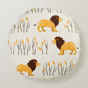 Seamless African pattern with cute lion. vintage w Round Pillow