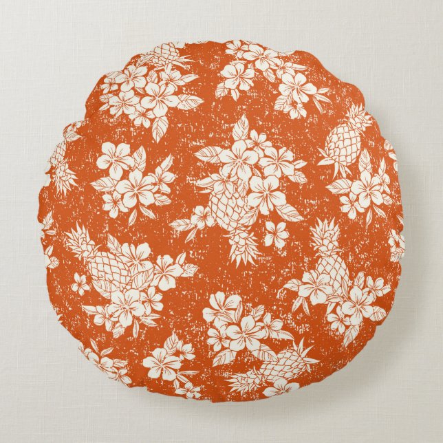 Seamless aloha pattern of hibiscus and pineapple,  round pillow (Front)