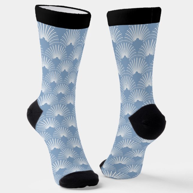 Seamless Art-Deco pattern blue and white Socks (Angled)