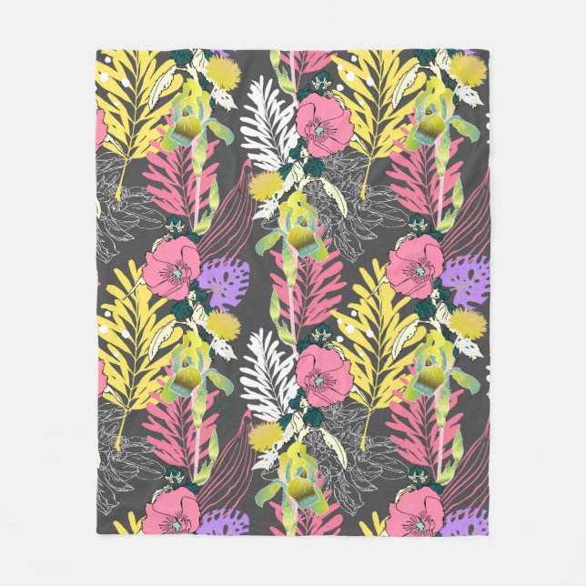 Seamless artistic flower pattern, beautiful tropic fleece blanket (Front)
