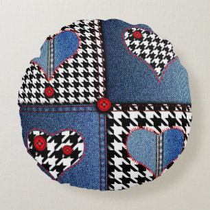 Seamless background pattern. Patchwork of denim fa Round Pillow