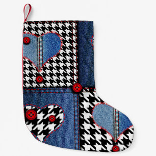 Seamless background pattern. Patchwork of denim fa Small Christmas Stocking