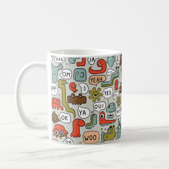seamless background with cute cartoon monsters coffee mug (Left)