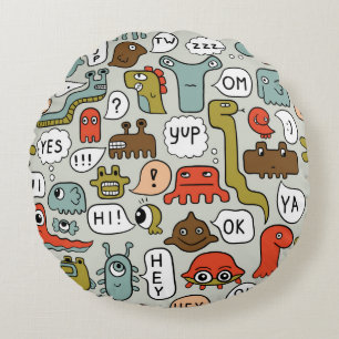 seamless background with cute cartoon monsters round pillow