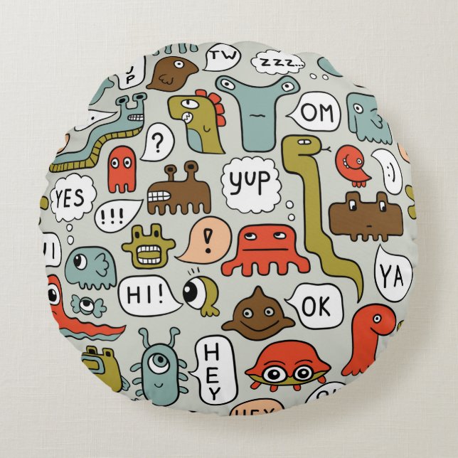 seamless background with cute cartoon monsters round pillow (Front)