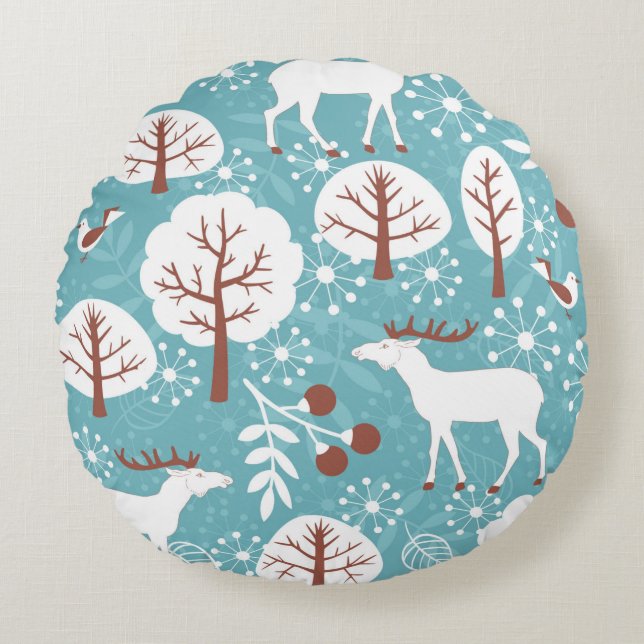 Seamless background with deer for winter and chris round pillow (Front)