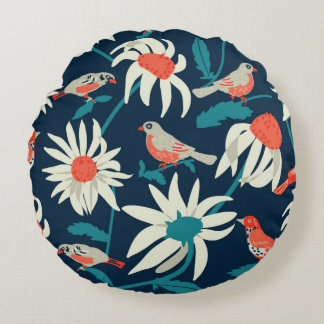 Seamless background with flowers and birds round pillow