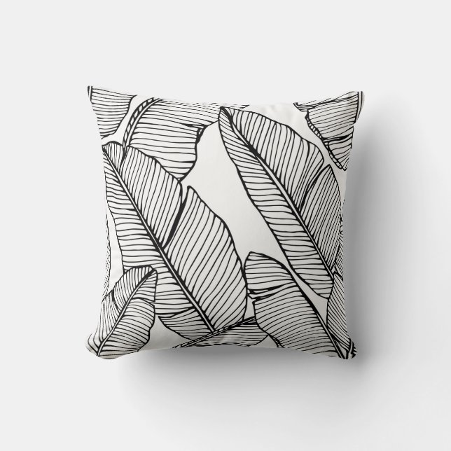 Seamless banana leaf pattern background. Black and Throw Pillow (Front)