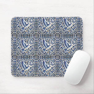 Seamless Bird and Butterfly Blue Tile Pattern Mouse Pad