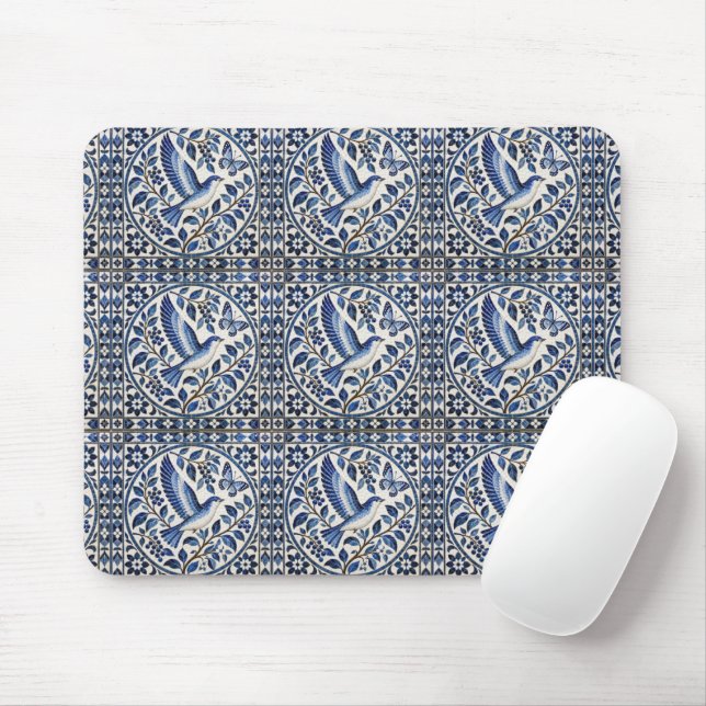 Seamless Bird and Butterfly Blue Tile Pattern Mouse Pad (With Mouse)