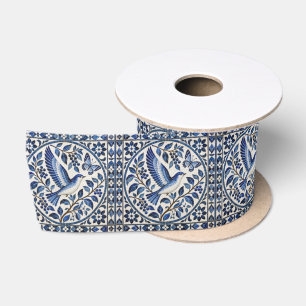 Seamless Bird and Butterfly Blue Tile Pattern Satin Ribbon