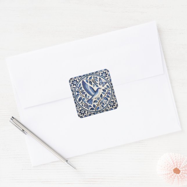 Seamless Bird and Butterfly Blue Tile Pattern Square Sticker (Envelope)