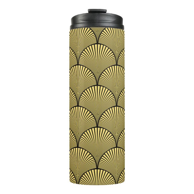 Seamless black and gold japanese art deco floral w thermal tumbler (Front)