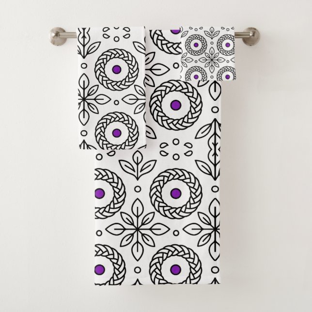 Seamless Black and White Line Art Pattern  Bath Towel Set (Insitu)